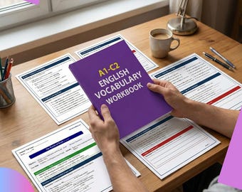 May include: A purple A1-C2 English Vocabulary Workbook is held over a wooden desk, surrounded by printed worksheets and a coffee mug. The workbook's cover features yellow text. The Etsy shop name, "creativitybyrabha.etsy.com", is visible at the bottom.