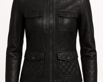 Women's Black Quilted Leather Jacket, Genuine Sheepskin Biker Jacket, Handmade Slim Fit Moto Coat, Motorcycle Leather Jacket