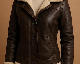 Women's Brown Shearling Leather Jacket, Genuine Sheepskin Fur Lined Hooded Coat, Vintage Winter Jacket, Handmade Outerwear