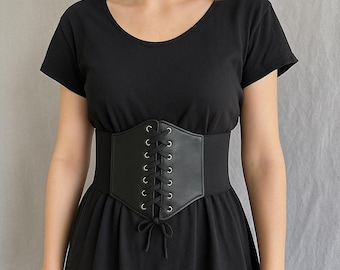 Cinturón corsé de piel sintética negra, faja gótica para la cintura, cinturón bajo el busto con cordones, estilo steampunk, regalo para ella.