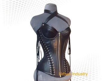 Black Real Leather Overbust Corset, Steel Boned Waist Trainer, Lace Up Gothic Bodice, Zip Front Corset, Gift For Her