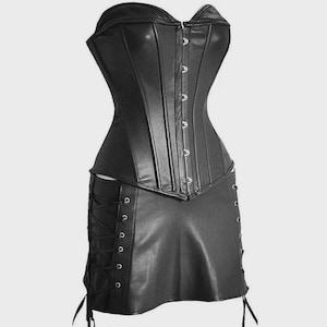 Genuine Leather Corset Dress: Gothic Steampunk Overbust Bustier Mini Skirt
