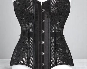Top corsé victoriano de encaje negro, bustier gótico sobre el busto, corsé de feria renacentista, regalo de talla grande para ella.