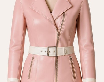 Damen Pink Leder Bikerjacke, echte Schaffell Moto Jacke, Lederjacke mit Gürtel, handgefertigtes Motorradmantel Geschenk