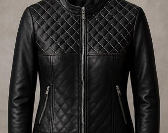 Women's Black Quilted Leather Jacket, Genuine Sheepskin Biker Jacket, Slim Fit Moto Jacket, Handmade Motorcycle Coat Gift