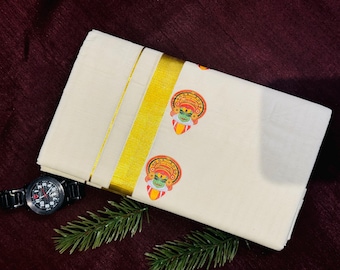 MALAYALIMART® Men's Traditional White Mundu/Dhoti with Gold Border