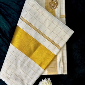 Handwoven Kerala Kasavu Saree: Golden Zari Border, Indian Festive Wear