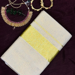 Kuthampulli Tissue Cotton Saree: Golden Kasavu Kerala Handloom