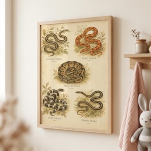 Lámina decorativa de serpientes para pared, impresión vintage en acuarela para identificación de reptiles (descarga digital)