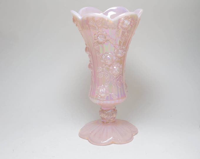 Vintage Signed Fenton Pink Rose Opalescent Carnival Glass Vase Fenton Pink Rose Glass Vase