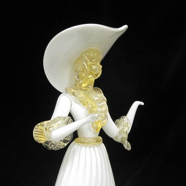 1950 Murano Veneziano Vetro Bianco Con Oro Polvere Cortigiana Sud Belle Art Vetro Figurina Scultura MINT