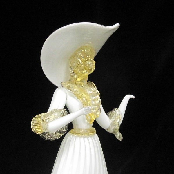 1950's Murano Venetian Glass White With Gold Powder Courtesan Southern Belle Art Glass Figurine Sculpture MINT