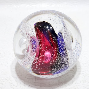 Vintage Hand Blown Crimson and Cobalt Controlled Bubbles Abstract Art Glass Paperweight Sculpture Artist Signed