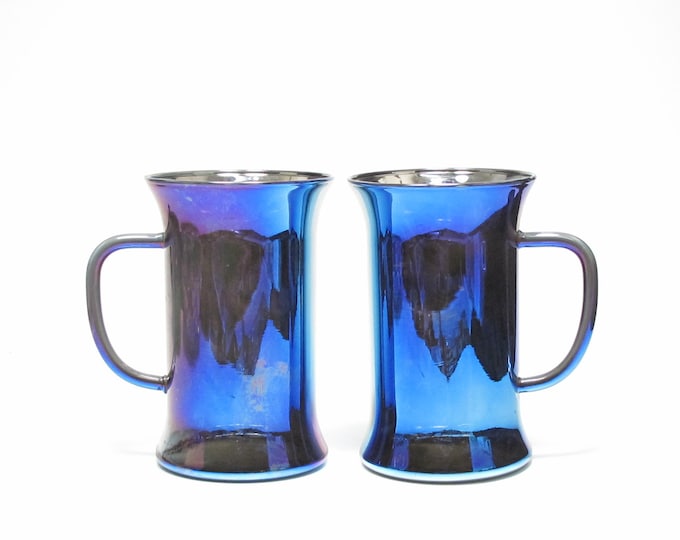 Vintage Hand Blown Iridescent Blue Glass Coffee Cups Mugs Blue Glass