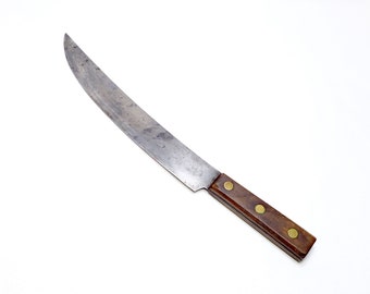 1940's Foster Bros. USA Hand Forged Carbon Steel Full Tapered Tang Walnut Scales 17.25" Butcher's Scimitar Breaking Processing Steak Knife
