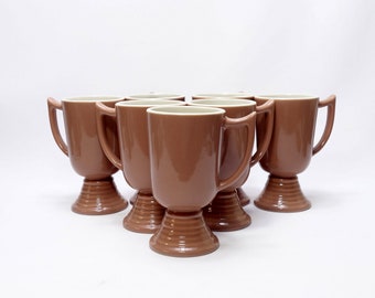 Vintage Taupe Ceramic Pedestal Footed 8 oz. Irish Coffee Mugs Set of 7