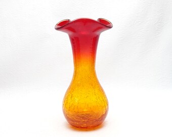 Vintage Hand Blown Amberina Crackle Glass Art Glass Vase Bulb Forcing Vase