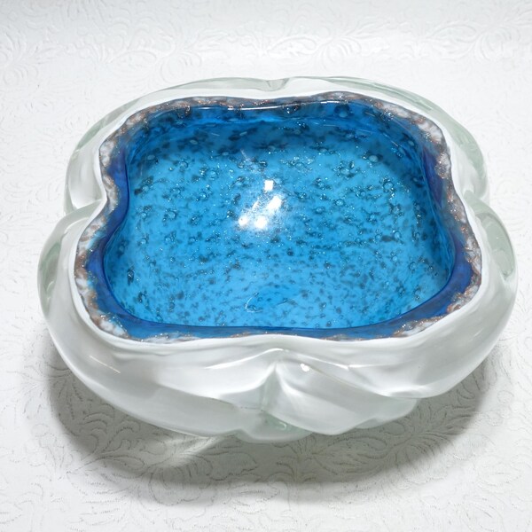 Mid Century Murano Italy Hand Blown Triple Cased Azure Blue Gold Powder Bullicante Art Glass Bowl Heavy 3 LB+ Shipping Included