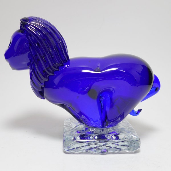 Reserved for Dan Vintage OOAK Cobalt Blue Glass Lion on a Clear Glass Pedestal, Cobalt Blue Glass Lion, Blue Glass Lion Statue, Blue Lion