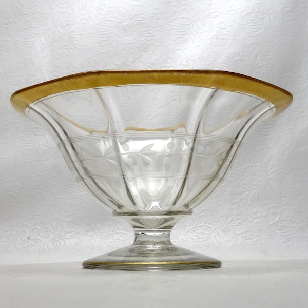 Depression Era Elegant Gilded Paneled Cut Glass Footed Compote Mayonnaise Condiment Bowl