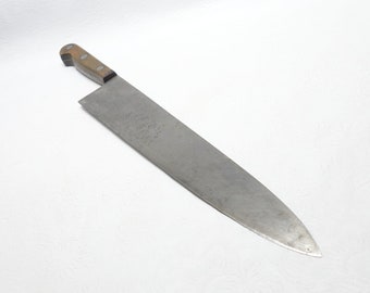 c.1950-70 KA-BAR Forged High Carbon Steel Full Tang Walnut Scales 19.25" Chef's Cook's Knife Lobster Splitter
