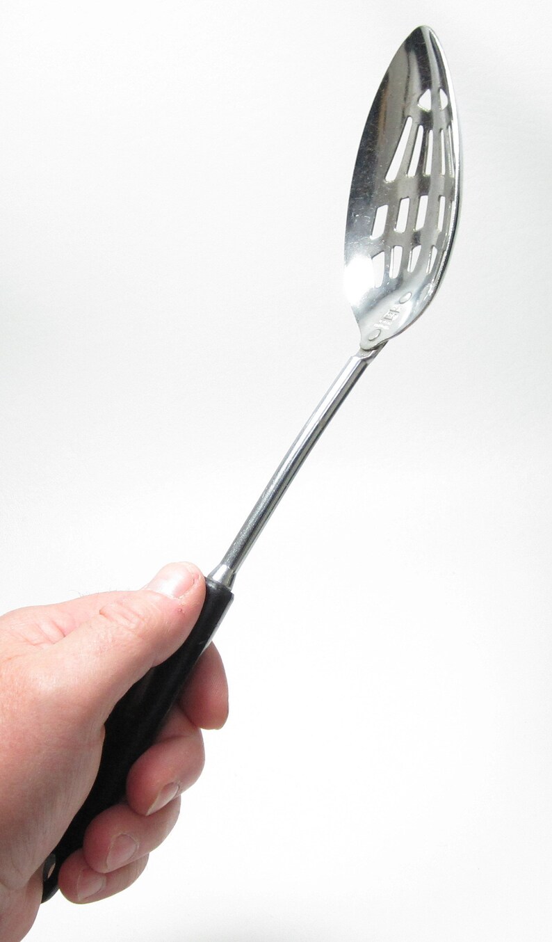 Vintage Ekco USA Chromium Plated Slotted Kitchen Cooks Chefs Serving Spoon Black Plastic Handle Ekco Slotted Serving Spoon