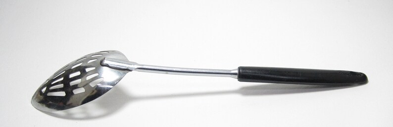 Vintage Ekco USA Chromium Plated Slotted Kitchen Cooks Chefs Serving Spoon Black Plastic Handle Ekco Slotted Serving Spoon