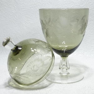 Mid Century Czech Etched Floral Lidded Footed Smoky Green Art Crystal Apothecary Candy Jar
