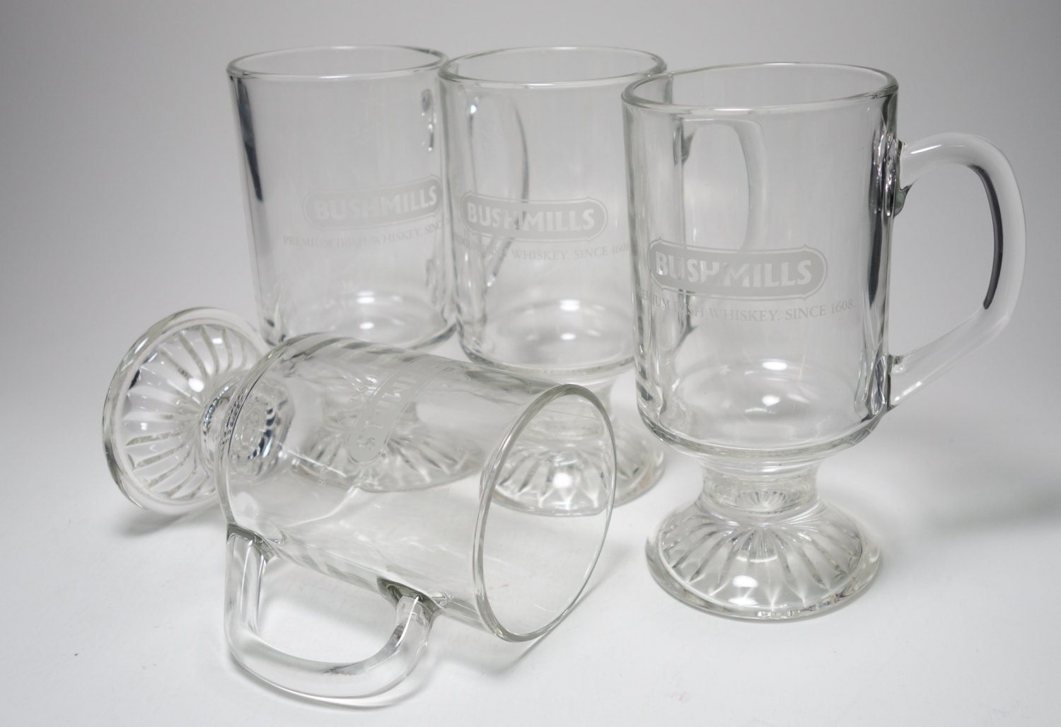 Vintage Bushmills Premium Irish Whiskey Footed Glass Mugs