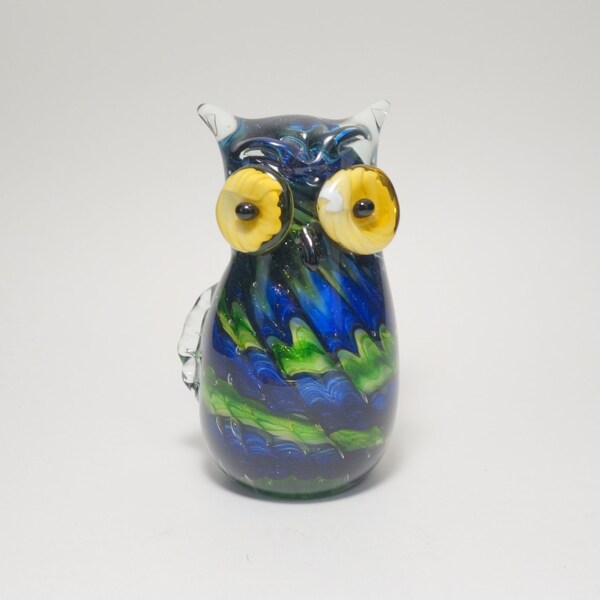 Vintage Murano Blue and Green Latticino Aventurine Art Glass Owl, Murano Art Glass, Art Glass Owl, Aventurine Glass Owl, Murano Glass Owl