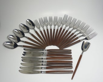 1950s Ekco Eterna Canoe Muffin Flatware Forged Steel Composite Rosewood Handle Flatware Ekco Flatware Canoe Muffin Knife Fork Spoon Knife