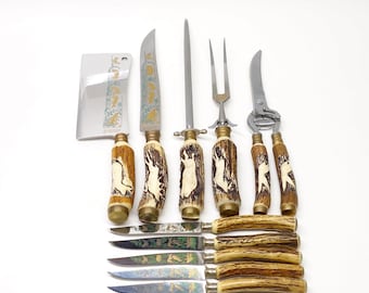 Mid Century Anton Wingen Jr. Solingen Germany Carved Sambar Stag Handle Etched Enameled Blades 10 Piece Complete Cutlery Set