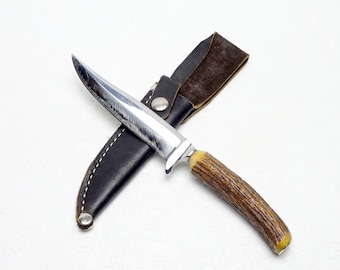 Mid Century Anton Wingen Jr. Solingen Germany Handmade Sambar Stag Handle Nicker Hunting Knife & Leather Sheath Nice Clean
