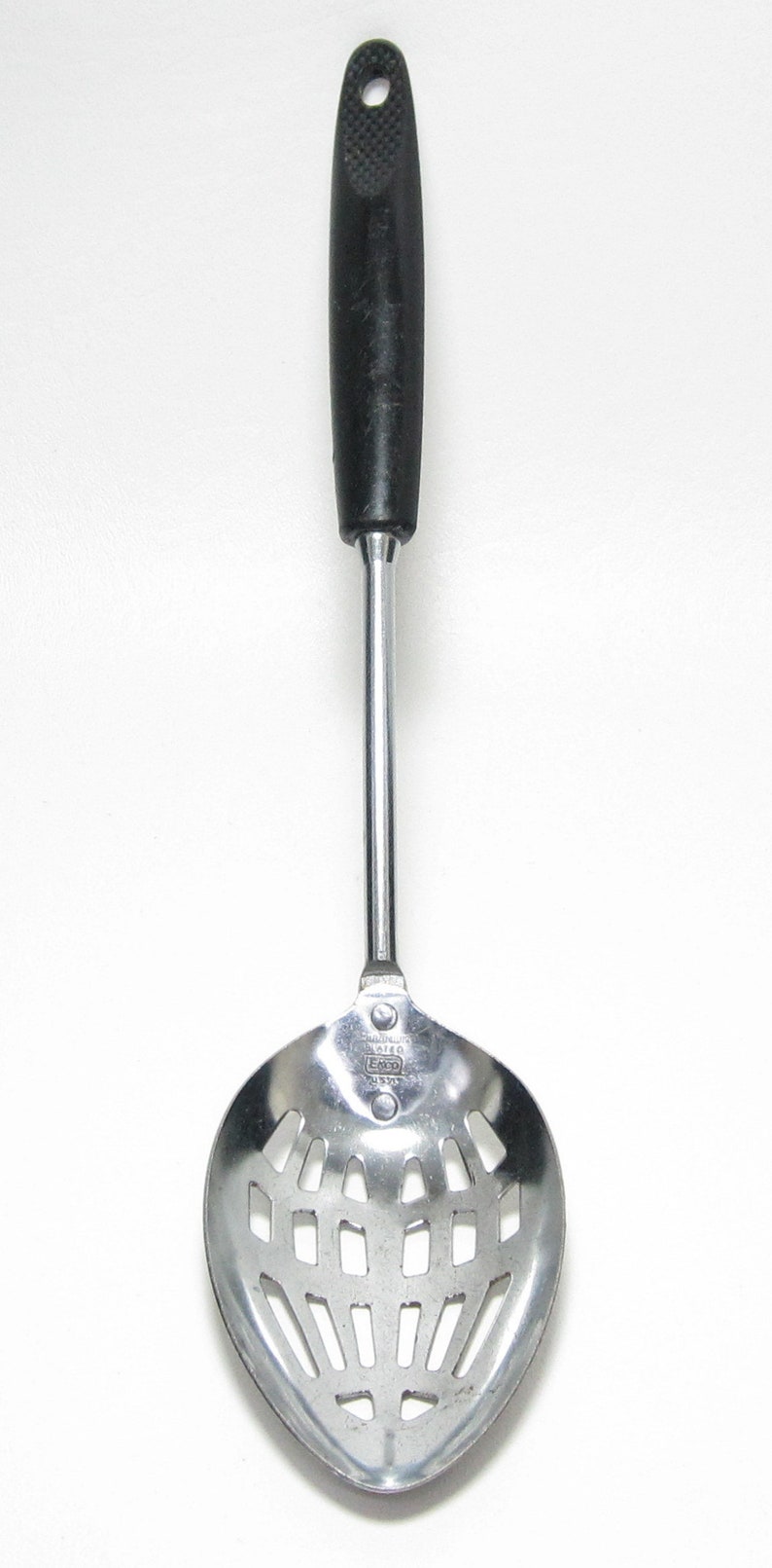 Vintage Ekco USA Chromium Plated Slotted Kitchen Cooks Chefs Serving Spoon Black Plastic Handle Ekco Slotted Serving Spoon