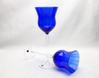 Vintage Atelier Morava Czech Bohemian Hand Blown Cobalt Blue Ribbed Optic Bowl Long Lady Leg Stem Wine Goblets Factory Label