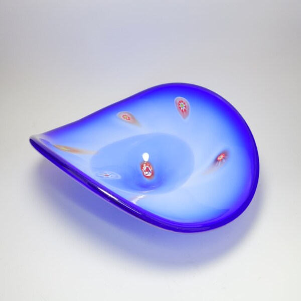 Vintage Murano Blue Cased Glass Millefiori Free Form Centerpiece Bowl, Murano Millefiori Glass Bowl, Blue Murano Bowl, Murano Art Glass