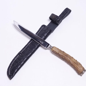 Mid Century Anton Wingen Jr. Stag Handle Solingen Germany Rostfrei Bird Trout Small Game Hunting Knife & Leather Sheath
