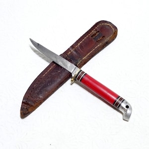 c.1928-31 Western Boulder Colorado USA Patented Red Handle Bird Trout Small Game Hunting Knife & Original Leather Sheath Hard To Find Model