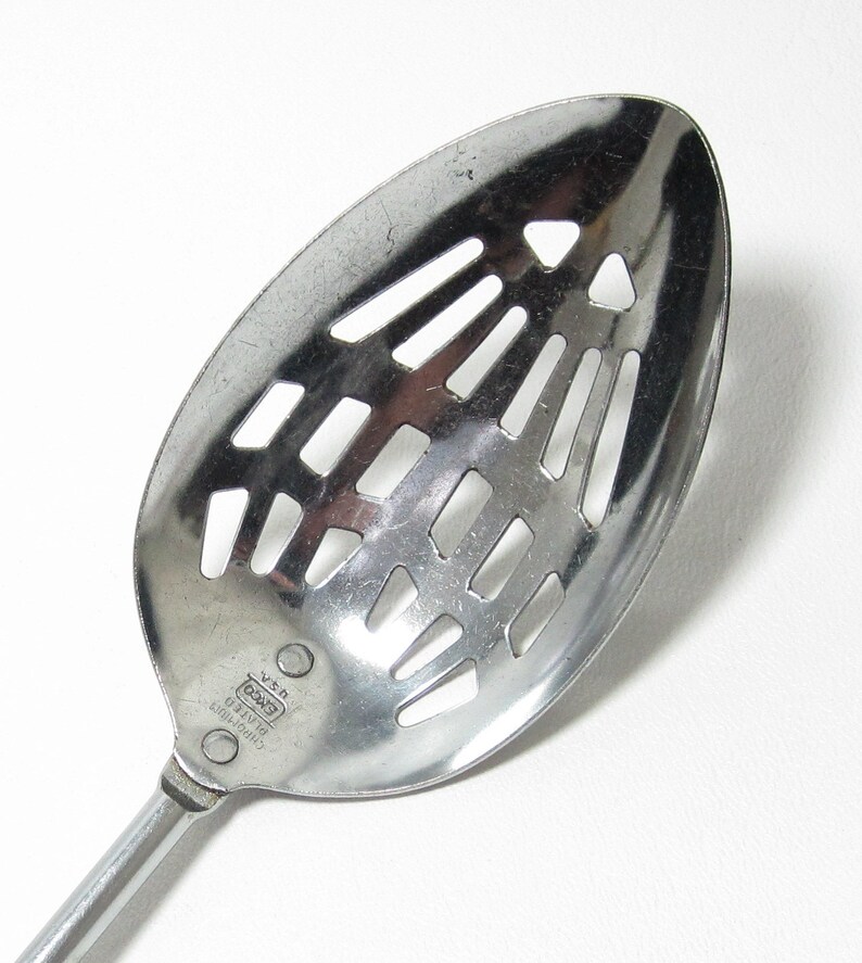 Vintage Ekco USA Chromium Plated Slotted Kitchen Cooks Chefs Serving Spoon Black Plastic Handle Ekco Slotted Serving Spoon