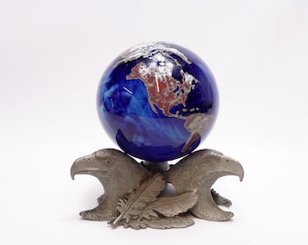 2002 Lundberg Studios Hand Blown 4" Art Glass World Globe Signed Paperweight American Bald Eagle Fine Pewter Signed Art Sculpture Stand Mint