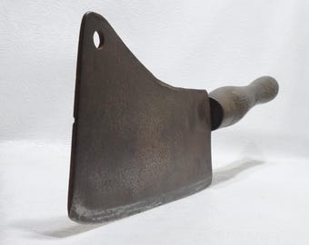 1800s Cast Steel Turned Wood Handle 20&quot; Butcher&#39;s 3 lb. 9 oz. Slaughterhouse Hog Beef Lamb Rib Splitter 10&quot; Blade Processing Meat Cleaver