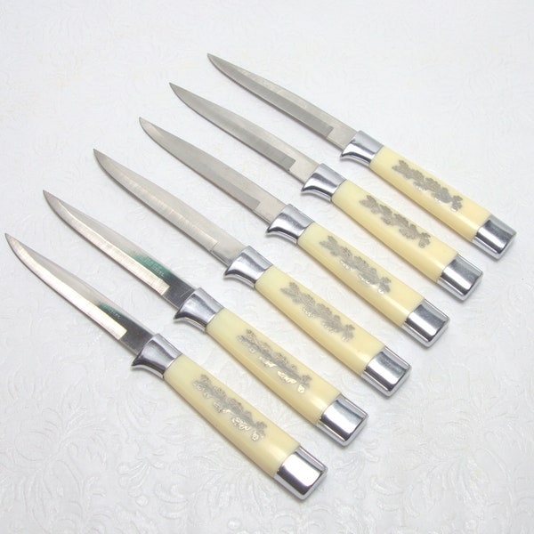 Vintage Anart Japan Hollow Ground Serrated Stainless Sterling Silver Inlay Handles Set of 6 Steak Knives Original Hand Finished Wood Box