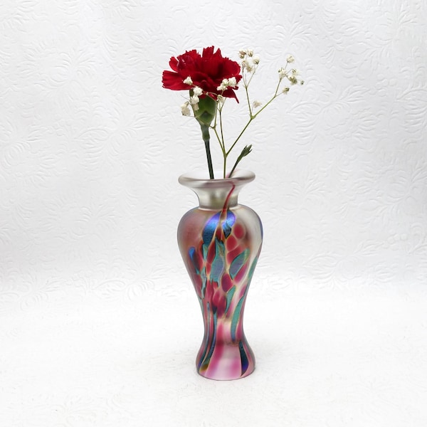 1992 Brian Maytum Studios Iridescent Dicroico Viola Rosa Art Glass Bud Vase Regalo firmato per lei