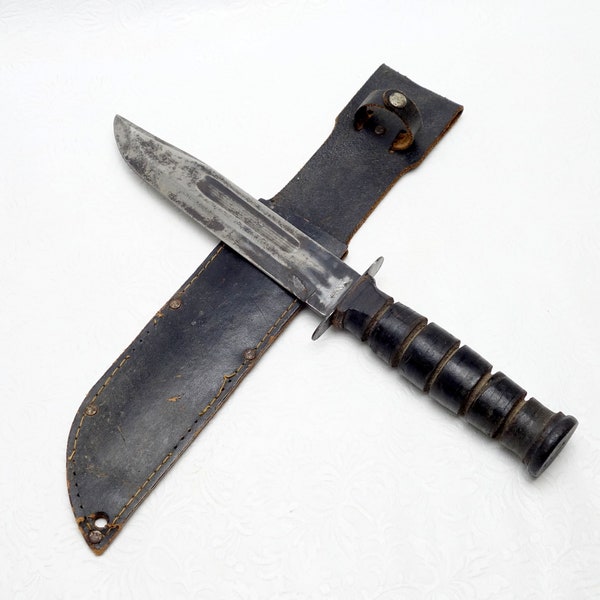 Vintage Leather Handle Parkerized Carbon Steel Marine Navy MK2 Combat Survival Hunting Knife & Leather Sheath