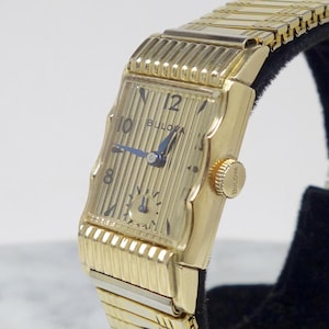 1949 Bulova USA Academy Award "T" 21 Jewel Cal. 7AK Art Deco 10K GF Case Gents Wrist Watch With Bulova Box & Guarantee Bond