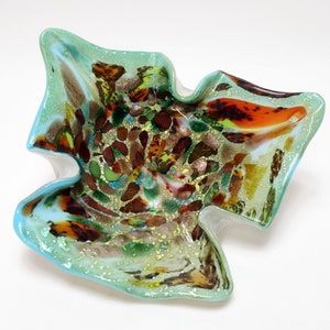 Vintage Murano Italy Free Form Multi Color Murrine Cane Silver Leaf Inclusions Triple Cased Art Glass Bowl Candy Dish
