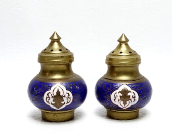 Vintage Blue Enameled Brass Salt and Pepper Shaker Set