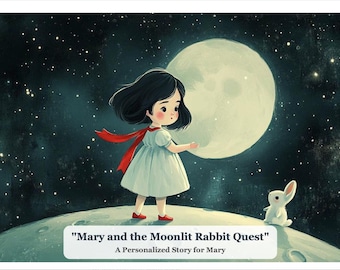 May include: An illustration of a young girl in a light blue dress and red scarf standing on a moon-like surface, facing a large moon and a white rabbit. The background is a starry night sky. Text at the bottom reads "Mary and the Moonlit Rabbit Quest".