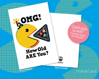 Printable BIRTHDAY Cards, PacMan, Retro, Pop Art Birthday, Instant download Birthday, OMG card, Cartoon Birthday Cards, Friendship Cards