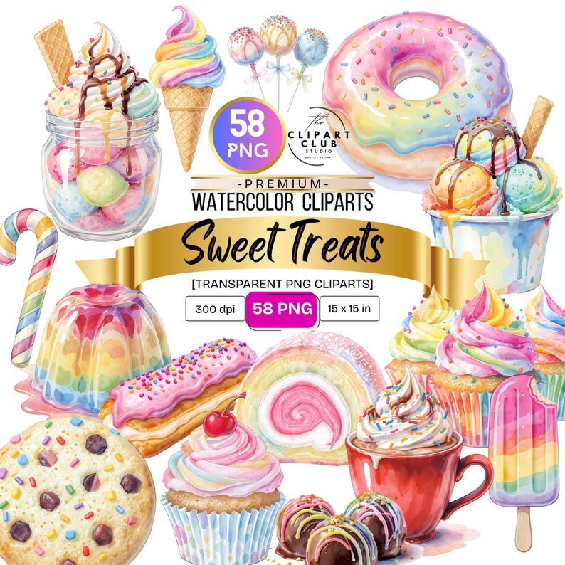 May include: Watercolor clipart set featuring various sweet treats, including ice cream cones, donuts, cupcakes, and a popsicle. The image includes the text "Sweet Treats" and "58 PNG". The illustrations are colorful and vibrant, perfect for digital art projects.